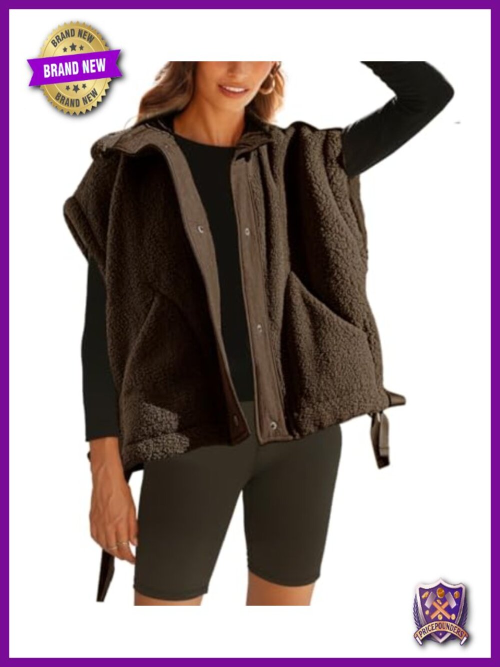 Sherpa Fleece Vest Women Oversized Sleeveless Button Front Fuzzy Jacket